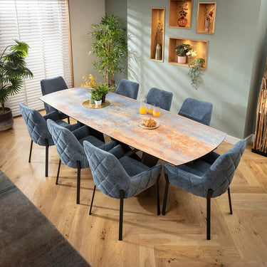 Quatropi Cora & Zelda 8 Seater Extendable Dining Set Blue Chenille & Rustic Blue Ceramic