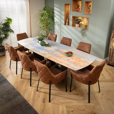 Quatropi Cora & Zelda 8 Seater Extendable Dining Set Brown & Rustic Blue Ceramic