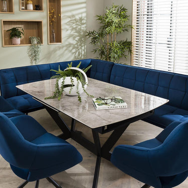 Quatropi Corner Bench Dining Set Right-Hand Ceramic Extending Table 8 Seat Blue
