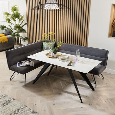 Quatropi Corner Bench Dining Set Right-Hand White Ceramic Table 5 Seater Grey