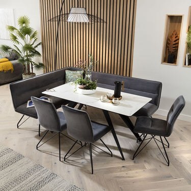 Quatropi Corner Bench Dining Set Right-Hand White Ceramic Table 8 Seater Grey