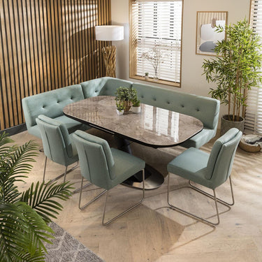Quatropi Corner Dining Bench Set Extending Ceramic 8 Seater Faux Suede Green