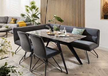 Quatropi Corner Dining Bench Set Right-Hand Ceramic Marble Table 8 Seater Grey
