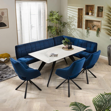 Quatropi Corner Dining Set Left-Hand Ceramic Marble Table 8 Seater Blue
