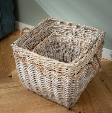 Quatropi Cotswold Set of 3 Square Grey Wicker Baskets with Rope Handles