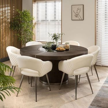 Quatropi Dark Wood 6 Seater Round Dining Set Lazy Susan White Leather 160cm