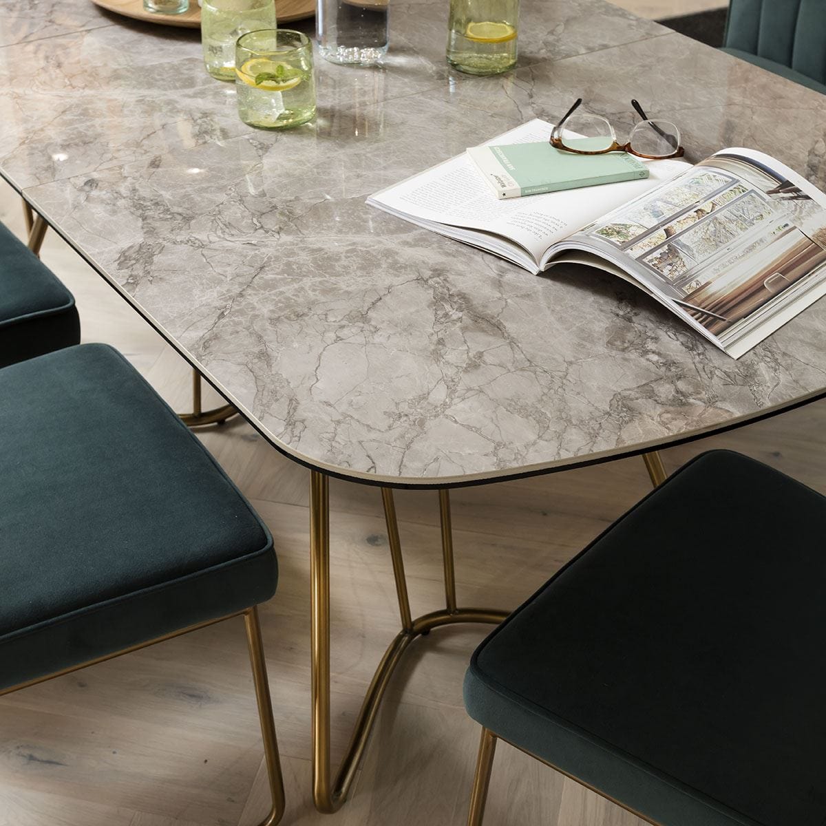 Quatropi Deco Ceramic Marble Corner Dining Bench Set Teal Grey LR3