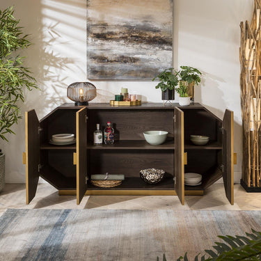 Quatropi Designer 4-Door Sideboard Buffet Retro Reclaimed Wood Gold Handles 180cm