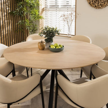 Quatropi Designer Natural Solid Round Wood 6 Chair Seater Dining Set Cream 140cm