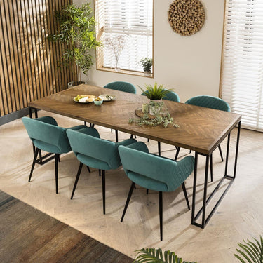 Quatropi Designer Parquet 6 Chair Dining Set Mordern Teal Velvet Chairs 220cm