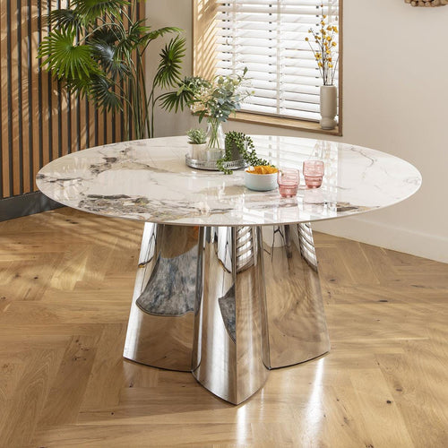Dynasty Round 6 Seat Ceramic Marble Dining Table White 150cm