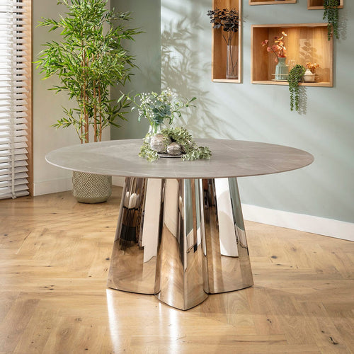 Dynasty Round Ceramic Marble Dining Table Grey & Silver 150cm