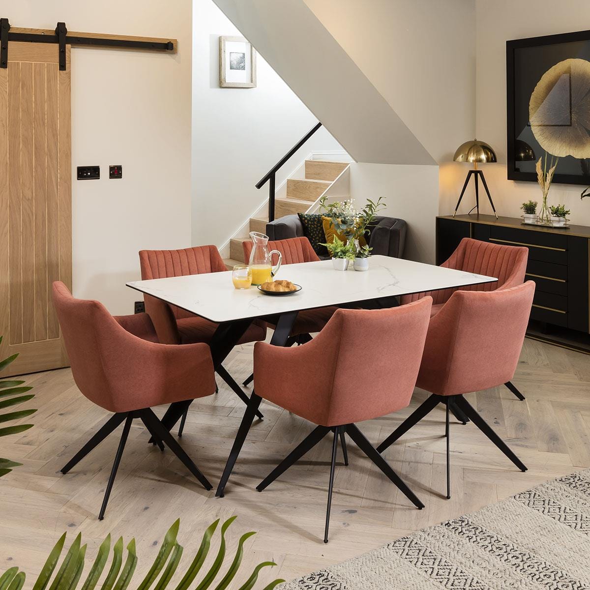 Quatropi Elegant White Marble-Look Table & Pink Chairs - 8 Seater Ceramic Dining Set