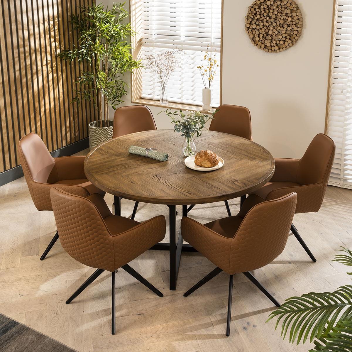 Emma 6 Seater Round Solid Wood Herringbone Dining Set TanSwivel – Quatropi