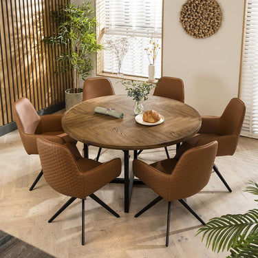 Quatropi Emma 6 Seater Round Solid Wood Herringbone Dining Set Tan