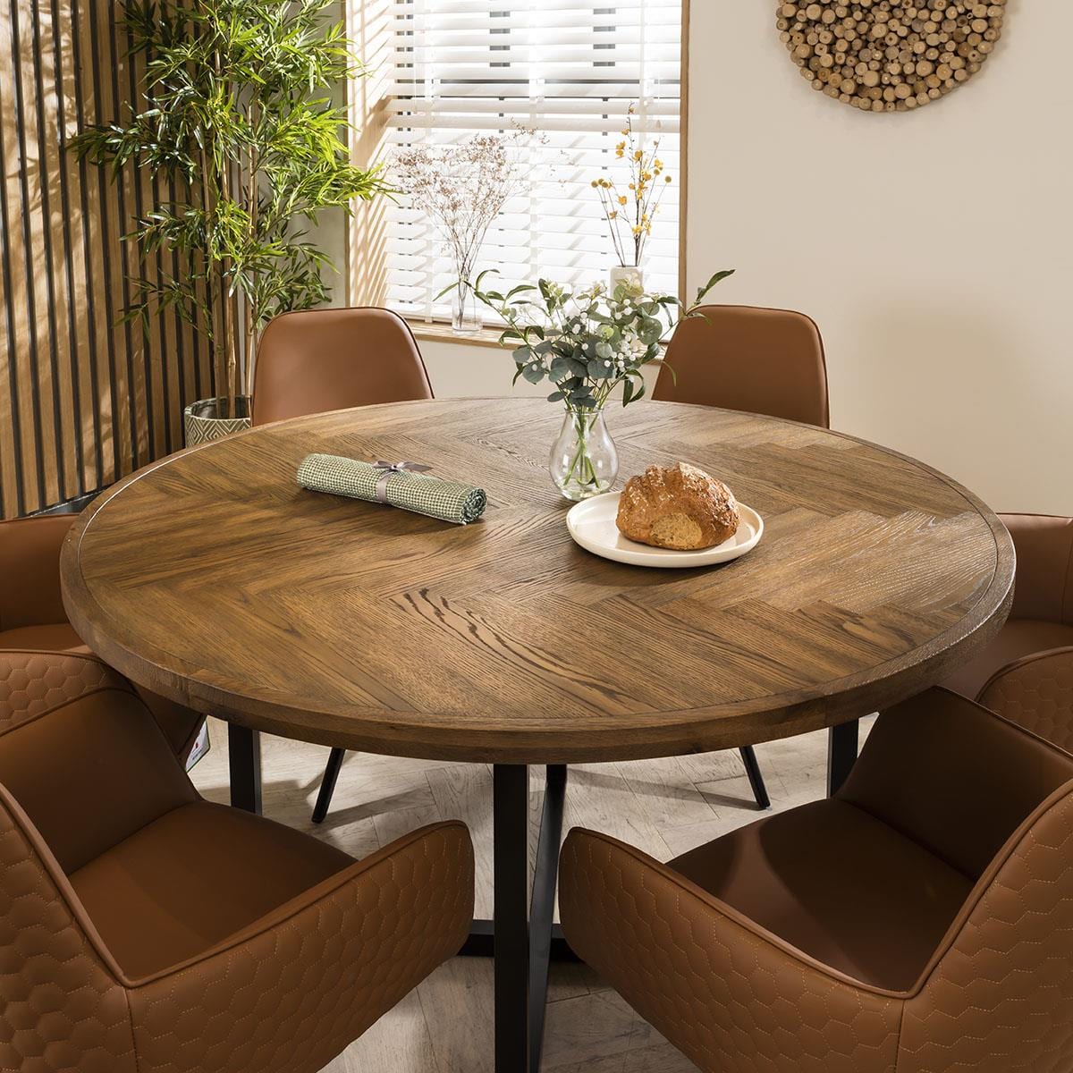 Emma 6 Seater Round Solid Wood Herringbone Dining Set TanSwivel – Quatropi
