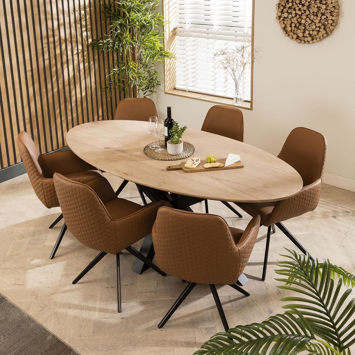 Quatropi Emma Solid Wood Natural Oval Dining Table And 6 Chairs Set Tan