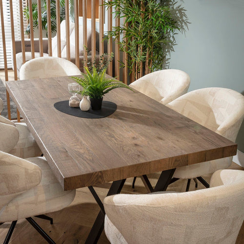 Enzo & Glasgow Reclaimed Oak 6 Seater Dining Set Cream Return Swivel Chairs