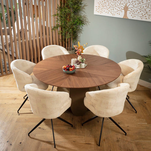 Enzo & Phoenix Modern Walnut 6 Seater Round Dining Set Cream Return Swivel Chairs