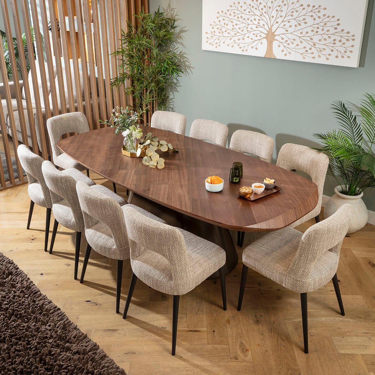 Large Modern 10 Seater Dining Table and Chairs Set Brown Walnut Wood ...