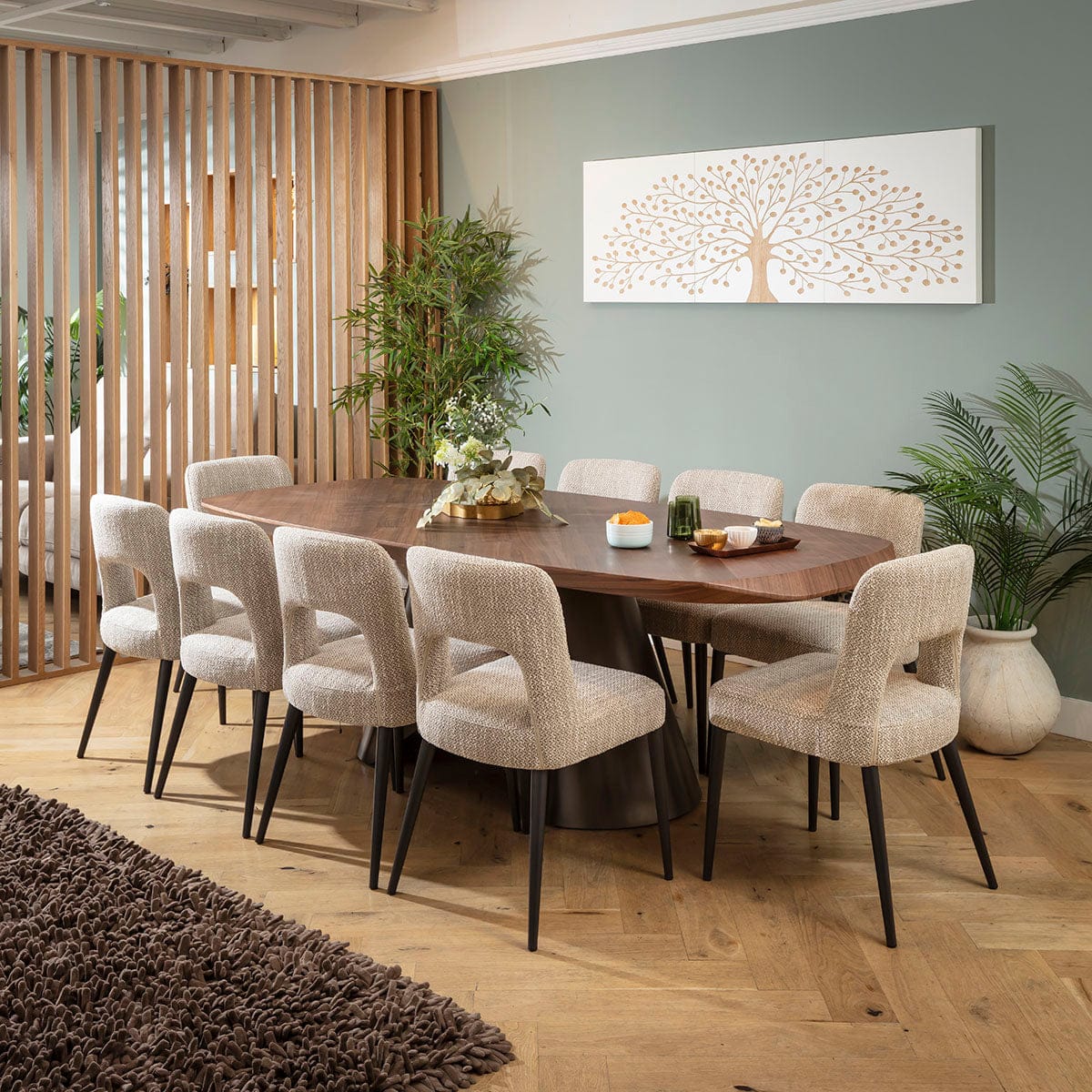 Large Modern 10 Seater Dining Table and Chairs Set Brown Walnut Wood ...