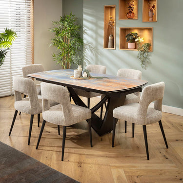 Quatropi Evie & Zelda 6 Seater Extendable Dining Set Brown & Rustic Blue Ceramic
