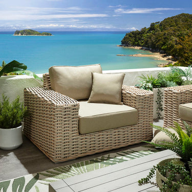 Quatropi Ex-Display Pair of Luxury Rattan Garden Armchairs – Green Cushions