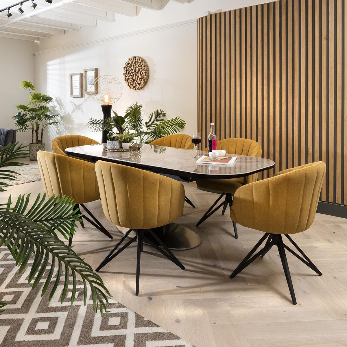 Quatropi Exclusive Grey Ceramic Extend Table & 6 Mustard Swivel Chairs