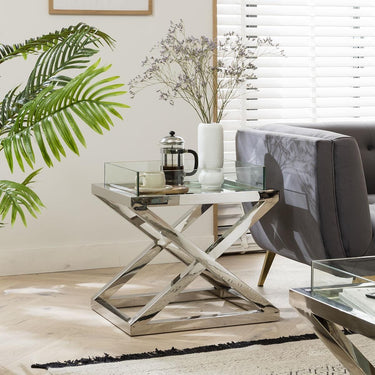 Quatropi ExDisplay Quatropi Side Table Clear Glass & Silver Metal X-Frame