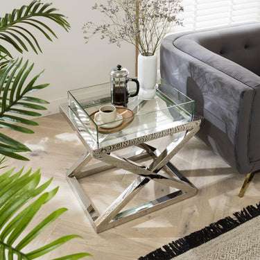 Quatropi ExDisplay Quatropi Side Table Clear Glass & Silver Metal X-Frame