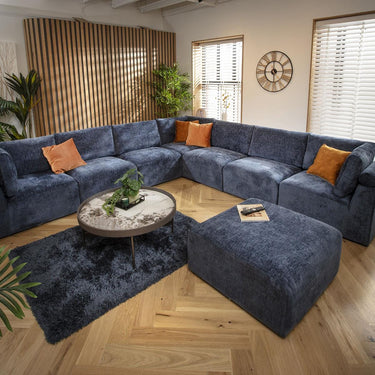 Quatropi Extra Large 8 Seat Modular L-Shape Corner Sofa & Footstool Blue