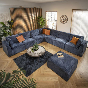Quatropi Extra Large 8 Seat Modular L-Shape Corner Sofa & Footstool Blue