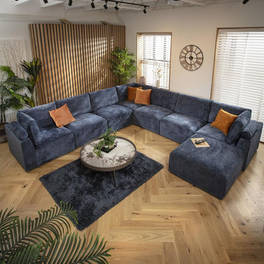 Quatropi Extra Large 8 Seat Modular L-Shape Corner Sofa & Footstool Blue