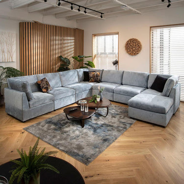 Quatropi Extra Large 8 Seat Modular L-Shape Corner Sofa & Footstool Blue