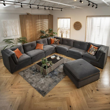 Quatropi Extra Large 8 Seat Modular L-Shape Corner Sofa & Footstool Grey Velvet