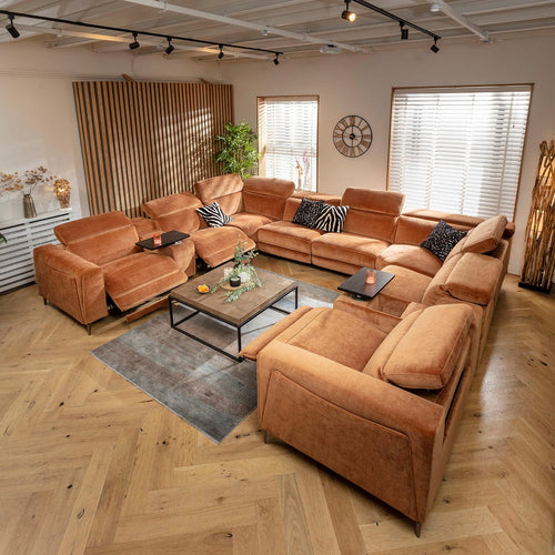Florance 8 Seater Triple Recliner U-Shape Sofa & Storage Console Burnt Orange 408x342cm