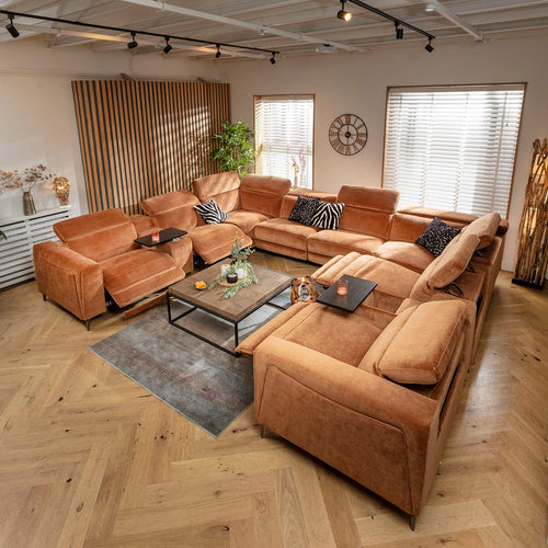 Florance 8 Seater Quad Recliner U-Shape Sofa & Storage Console Burnt Orange 408x342cm