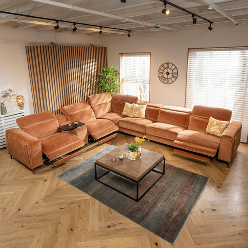 Florance 6 Seater Triple Recliner Corner Sofa & Storage Console Burnt Orange 391x342cm