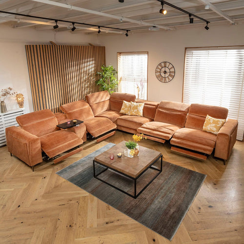 Florance 6 Seater Quad Recliner Corner Sofa & Storage Console Burnt Orange 391x342cm
