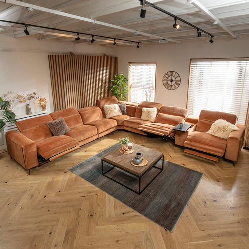 Florance 7 Seater Triple Recliner Corner Sofa & Storage Console Burnt Orange 424x391cm