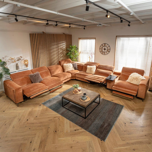 Florance 7 Seater Quad Recliner Corner Sofa & Storage Console Burnt Orange 424x391cm