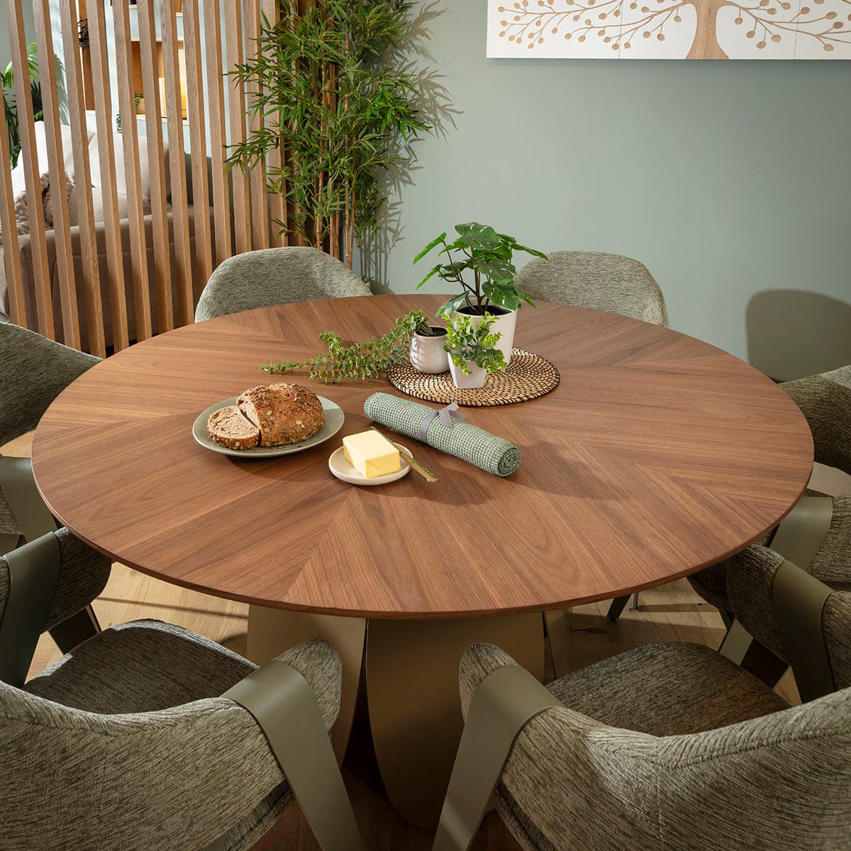 Modern 6 Seater Round Dining Table and Chairs Set Green Walnut Wood ...