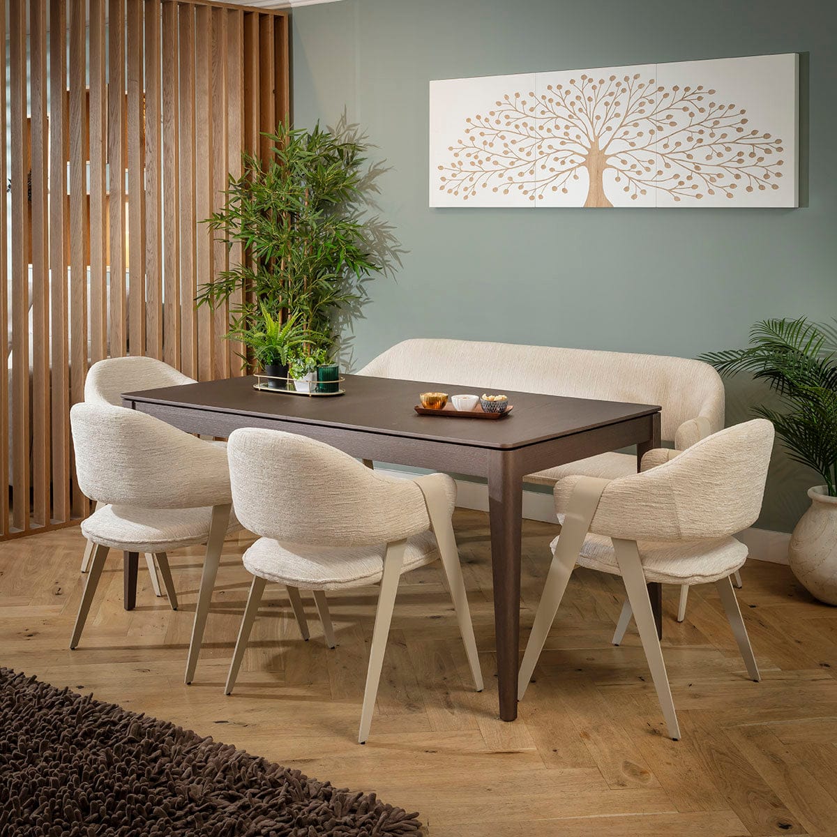 Modern 7 Seater Extendable Bench Dining Room Set Cream Brown Wood ...