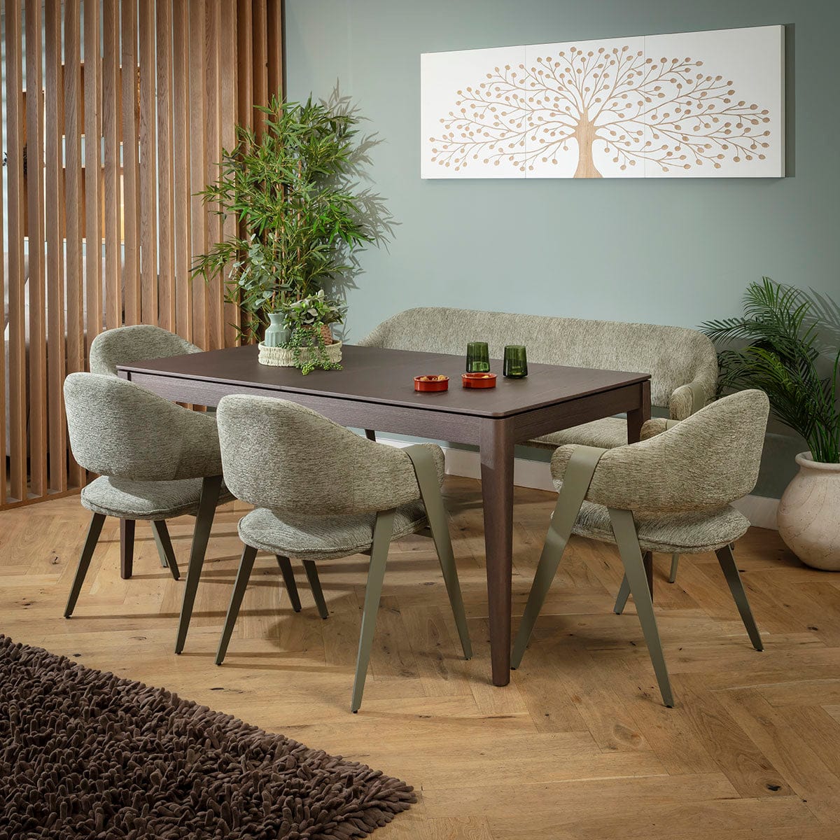 Modern 7 Seater Extendable Bench Dining Room Set Green Brown Wood ...