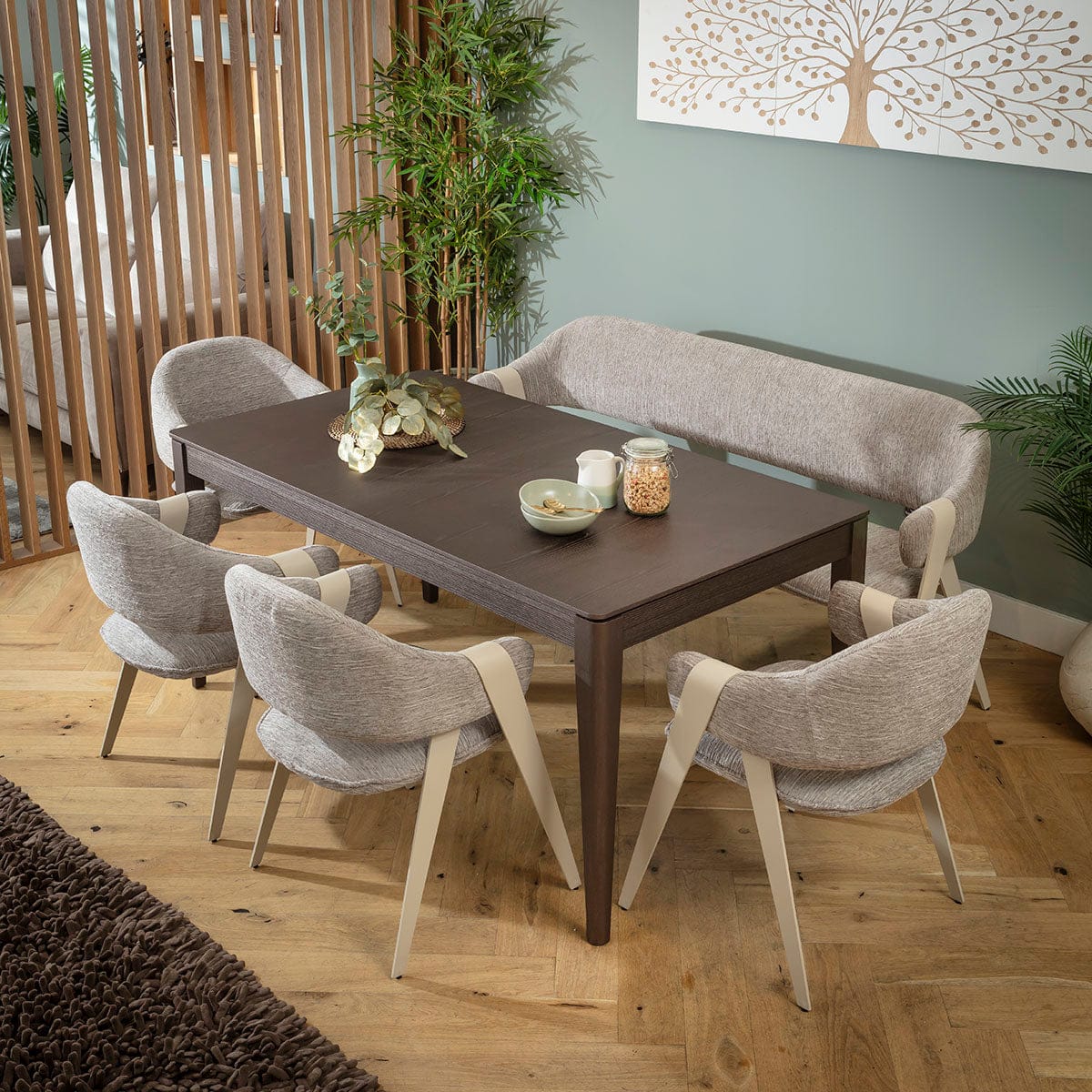 Modern 7 Seater Extendable Bench Dining Room Set Grey Brown Wood – Quatropi