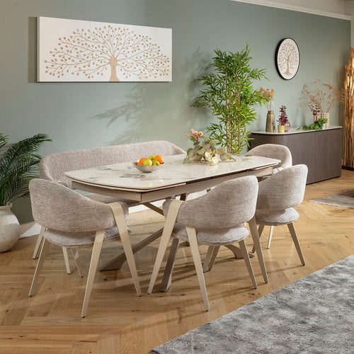 Freya 7 & Olive Seater Extendable Bench Dining Set Grey & White Ceramic