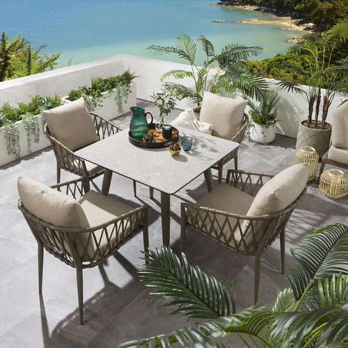 Garden Table And Chairs Dining Set | 4-Seater Beige Ceramic Table