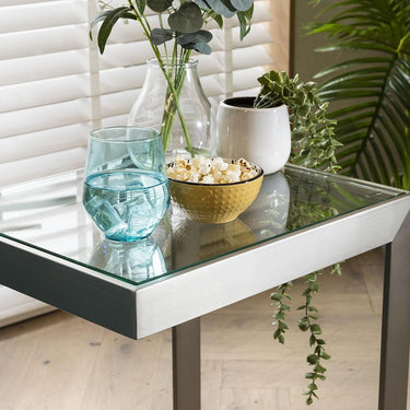 Quatropi Glass Top Modern Lamp Table Metal Square Sofa Side End Table Taupe Grey
