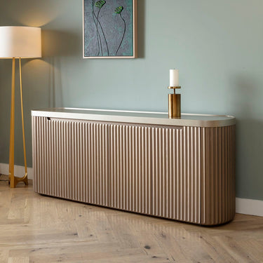 Quatropi Gold Designer Sideboard Buffet Cabinet Scallop Fluted Wood Glass 200cm