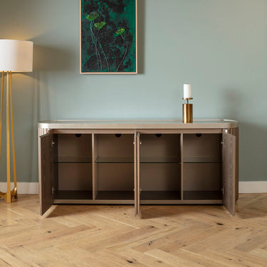 Quatropi Gold Designer Sideboard Buffet Cabinet Scallop Fluted Wood Glass 200cm